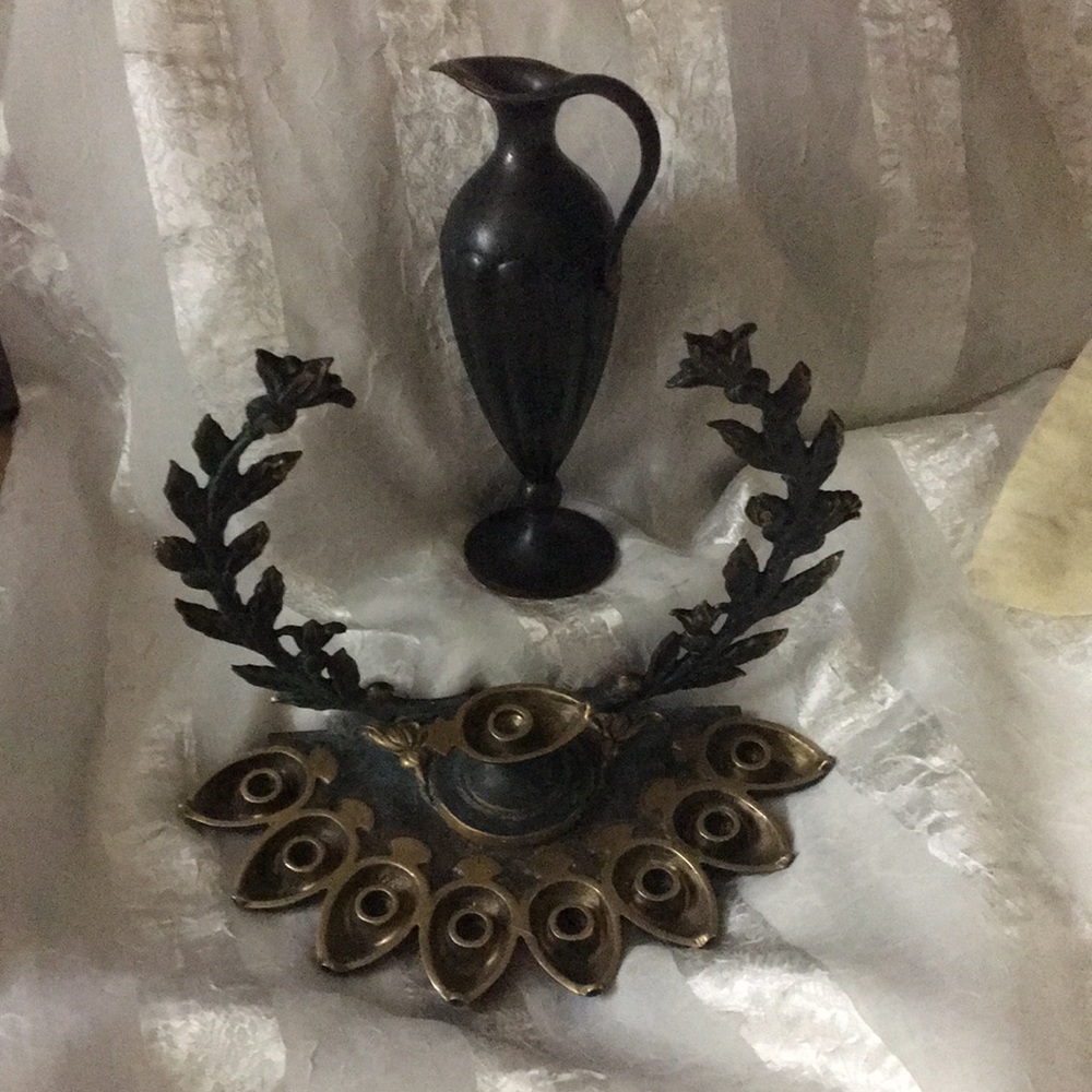 Rare Vintage Menorah Zel-Zion From Israel  And Oil Jug